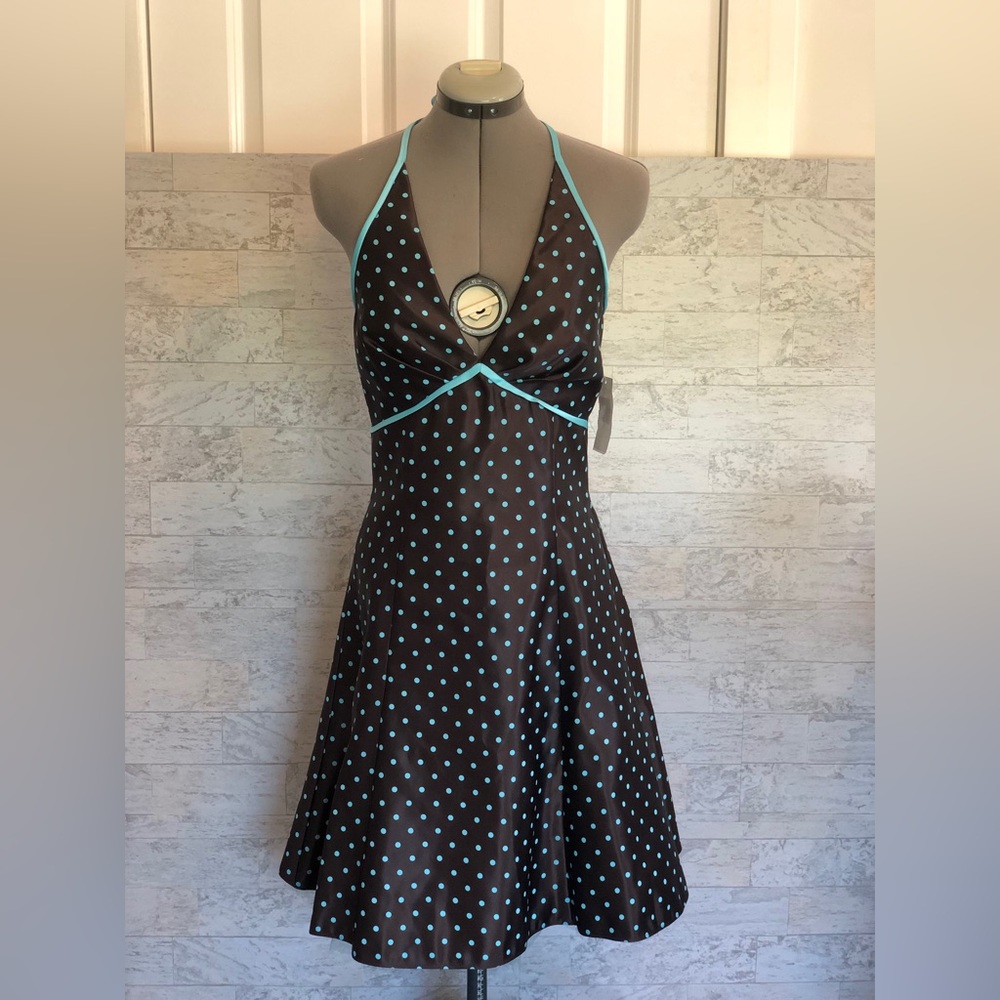 NWT Vintage Gunne Sax Brown and Blue Polka Dot Halter Dress Jessica McClintok